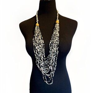 Large Long Black White Seed Bead MultiStrand Necklace Ethnic Tribal Statement